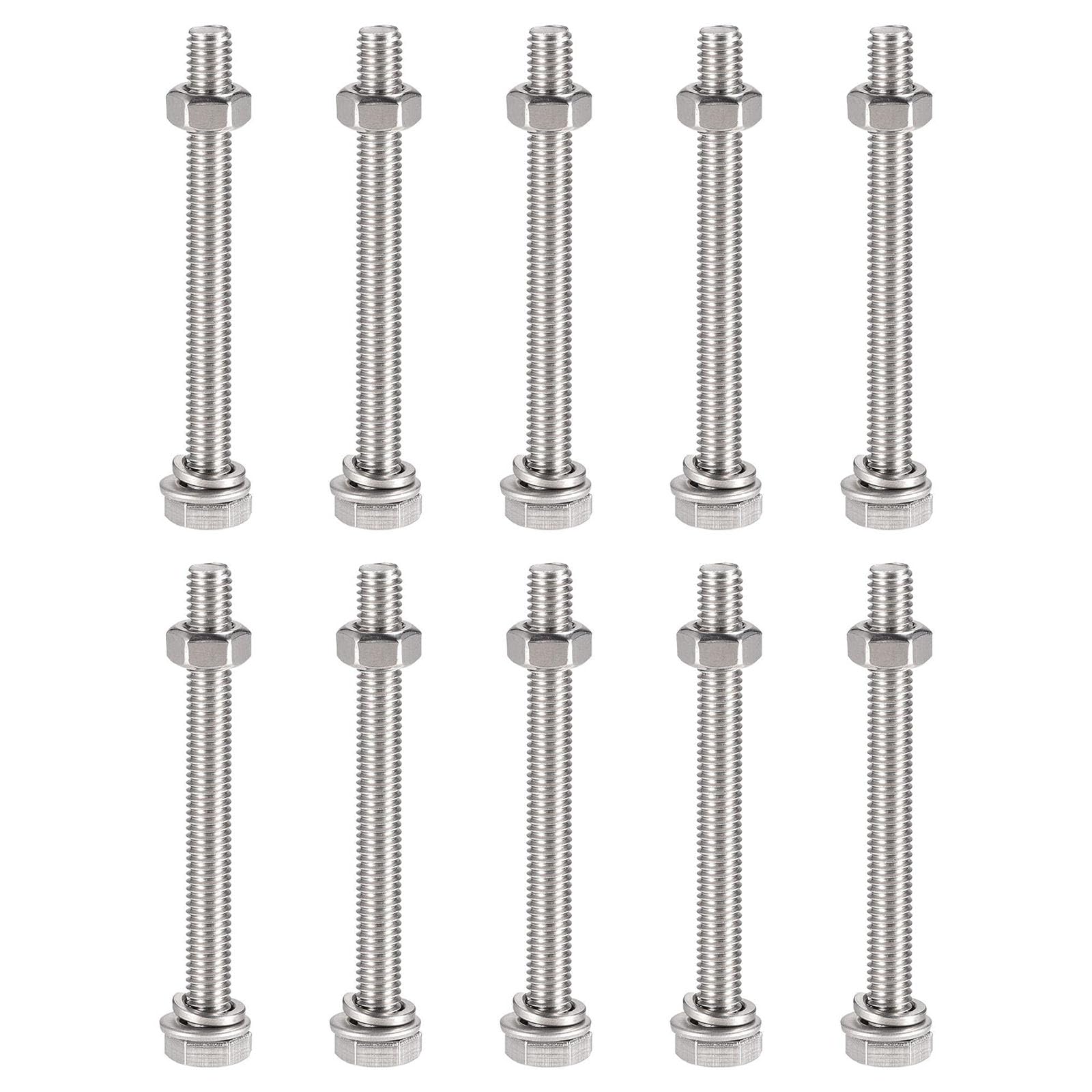 TOP-VIGOR 10Pcs M6 x 65mm Hex Head Screws Bolts, Nuts, Flat & Lock Washers Kits, 304 Stainless Steel Fully Thread Hexagon Bolts for DIY Bike Motorcycles Repair