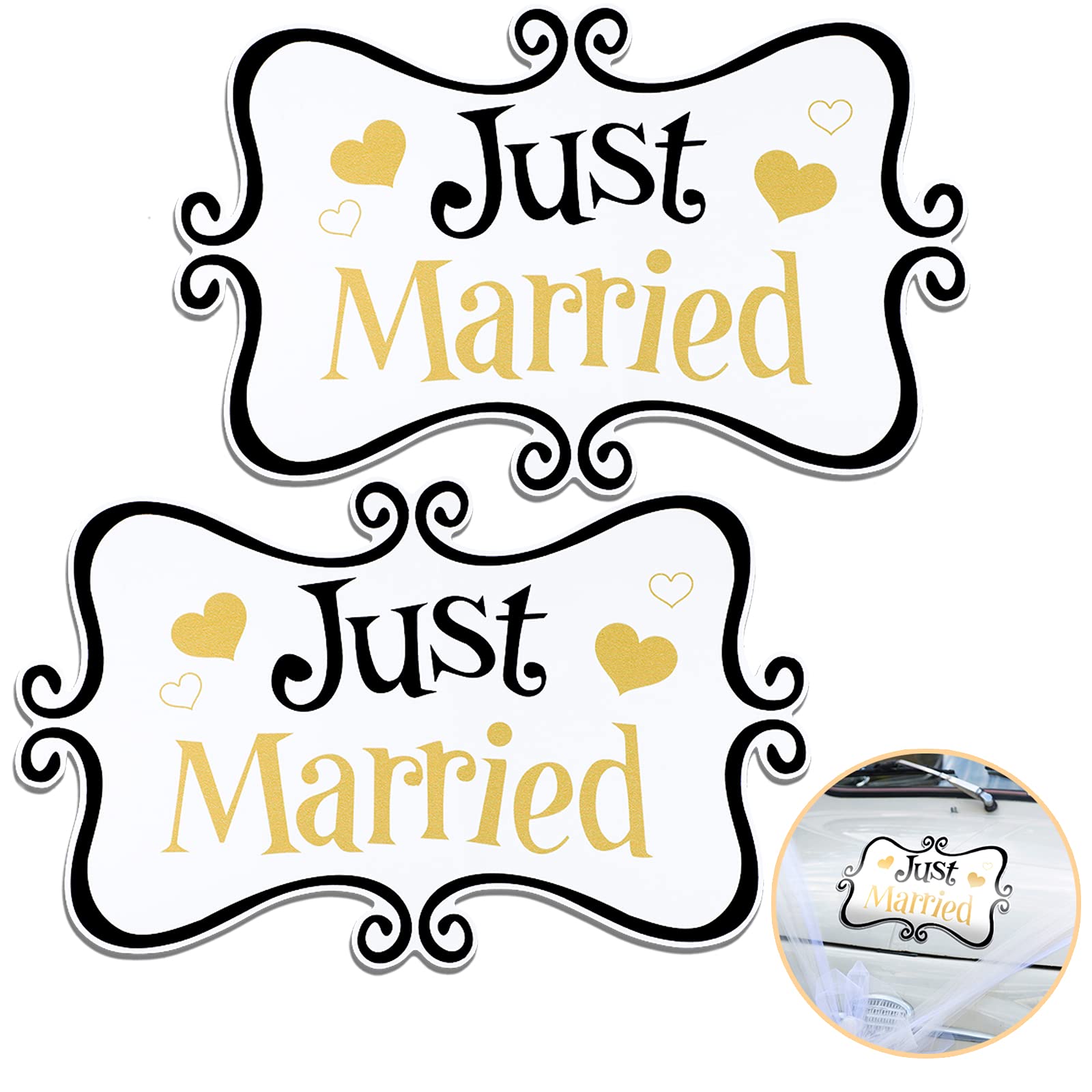 Photo 1 of 2 Pcs Large Just Married Car Decorations Just Married Car Magnets Sign Decoration 13.9 x 8.8 Inch Honeymoon Rear Tailgate Magnet Stickers for Wedding Door Panel Refrigerator(Black and Gold)