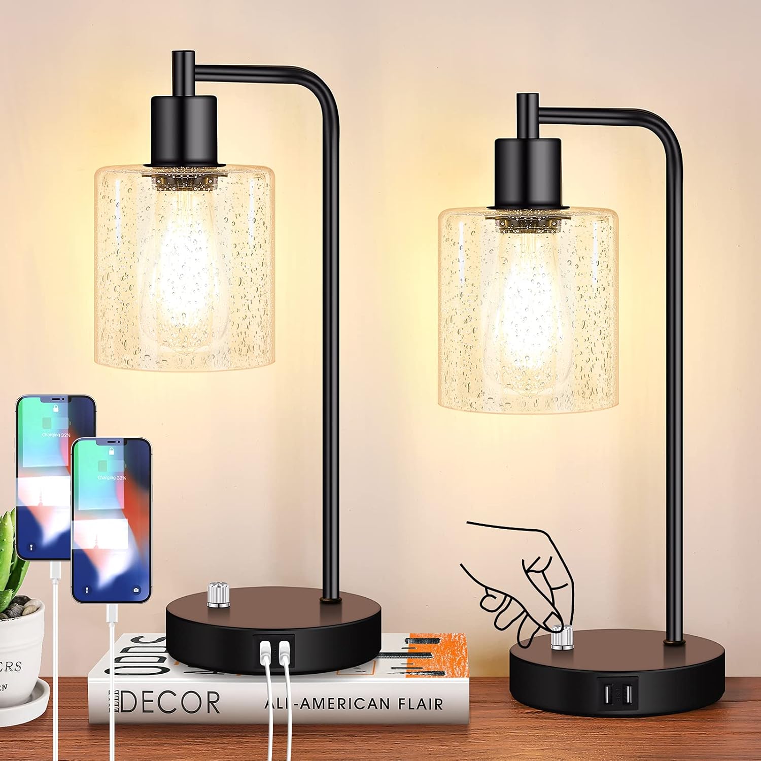 Set of 2 Fully Stepless Dimmable Industrial Table Lamps with 2 USB Ports & AC Outlet, Bedside Nightstand Desk Lamps with Seeded Glass Shades for Bedroom Dorm Living Room, 2 7W 2700K LED Bulbs Included - - 