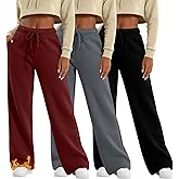 Velvelhall 3 Pack Women's Wide Leg Fleece Lined Sweatpants Thermal Lounge Warm Pants Drawstring Elastic Waisted with Pockets