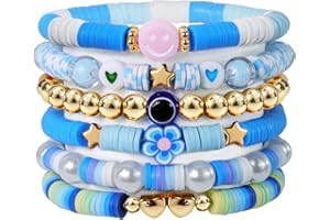 Frgofl Surfer Heishi Stackable Bracelets for Women Colorful Preppy Stretch Friendship Bracelets Set Smiley Face Evil Eye Polymer Clay Beaded Summer Beach Jewelry for Tween Girls