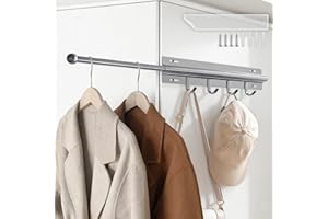 BUDOME 12.5 Inch Valet Rod for Closet Pull Out,Retractable Stainless Steel Clothes Hanger Rod with 4 Fixed Hooks, left-extend