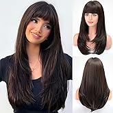 EMMOR Dark Brown Wig With Bangs For Women Long Straight Synthetic Wig Brunette Layered Hairstyle Wigs For Girls Party Cosplay And Daily Use(26" Dark Brown)