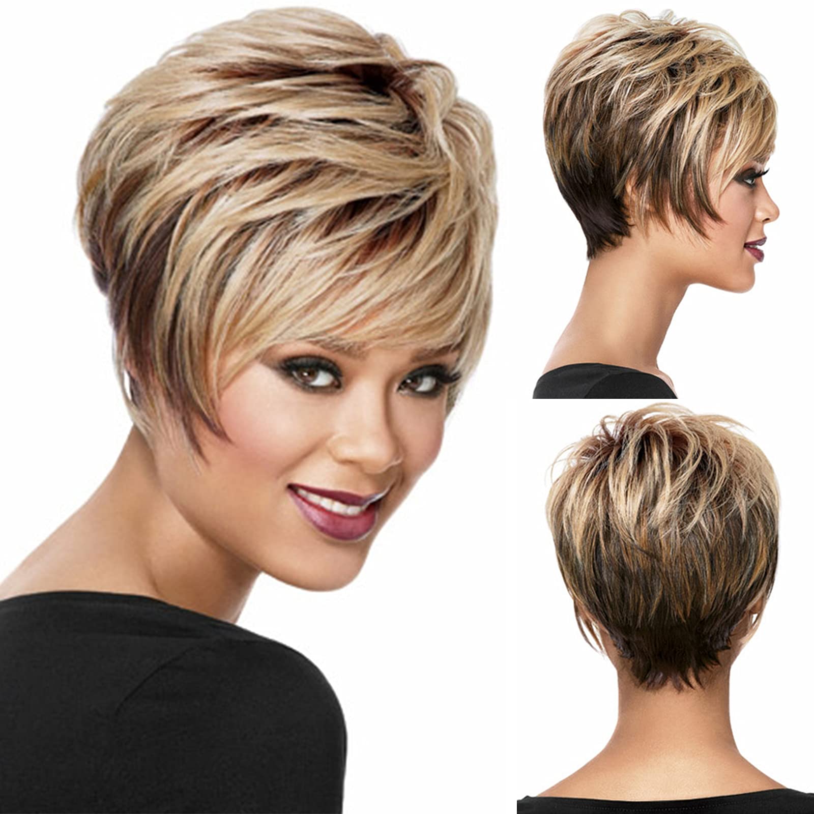 Photo 1 of RENERSHOW Short Wigs for White Women Layered Brown Ombre Blonde Pixie Wig Synthetic Short Hair Wig with Bangs Mix Color Natural Looking Daily Party