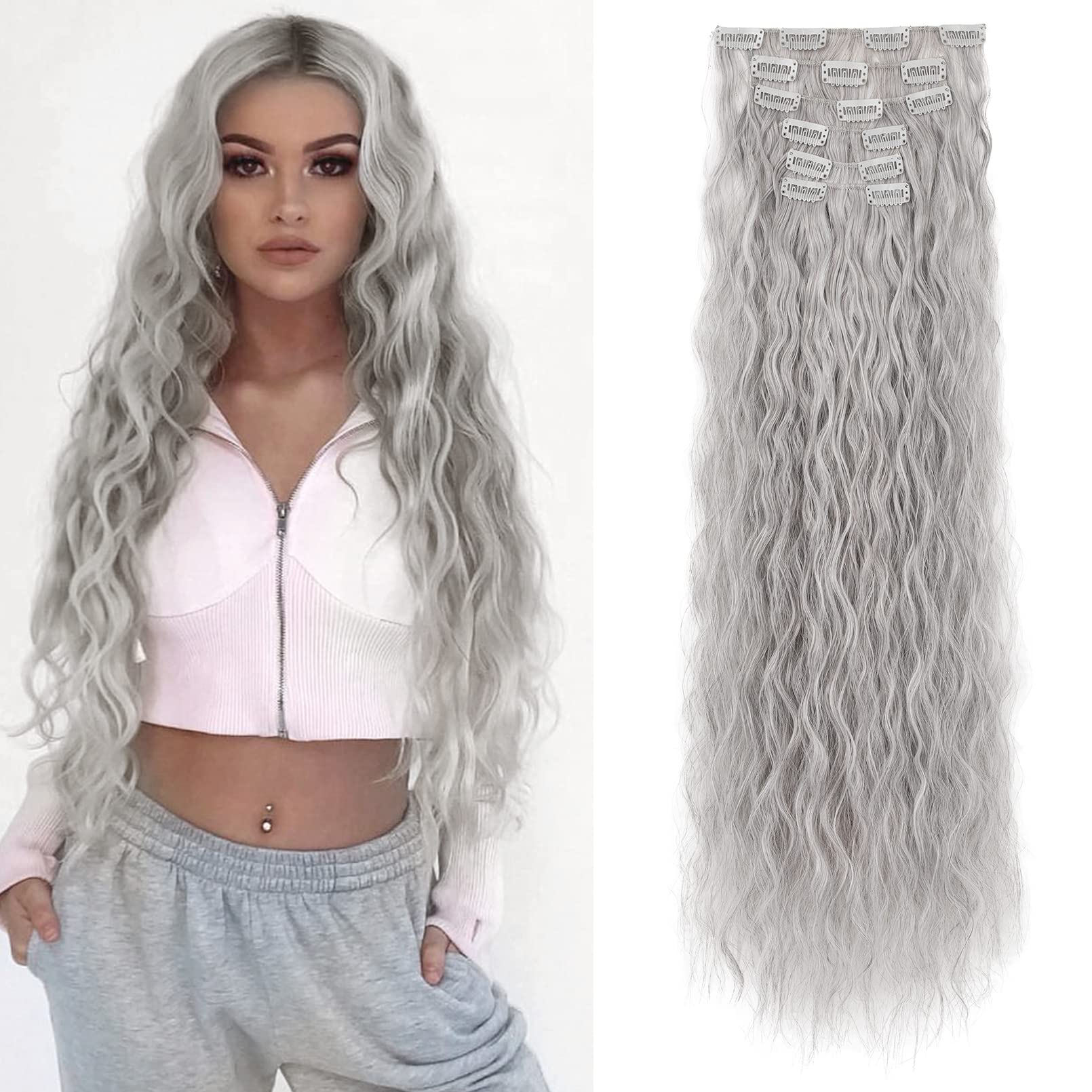 FLUFYMOOZ Clip In Hair Extensions,6PCS Hair Extensions Long Mermaid Waves Wavy Synthetic Clip On Hairpiece For Women 24 Inch (Grey/Silver/White Mixed)