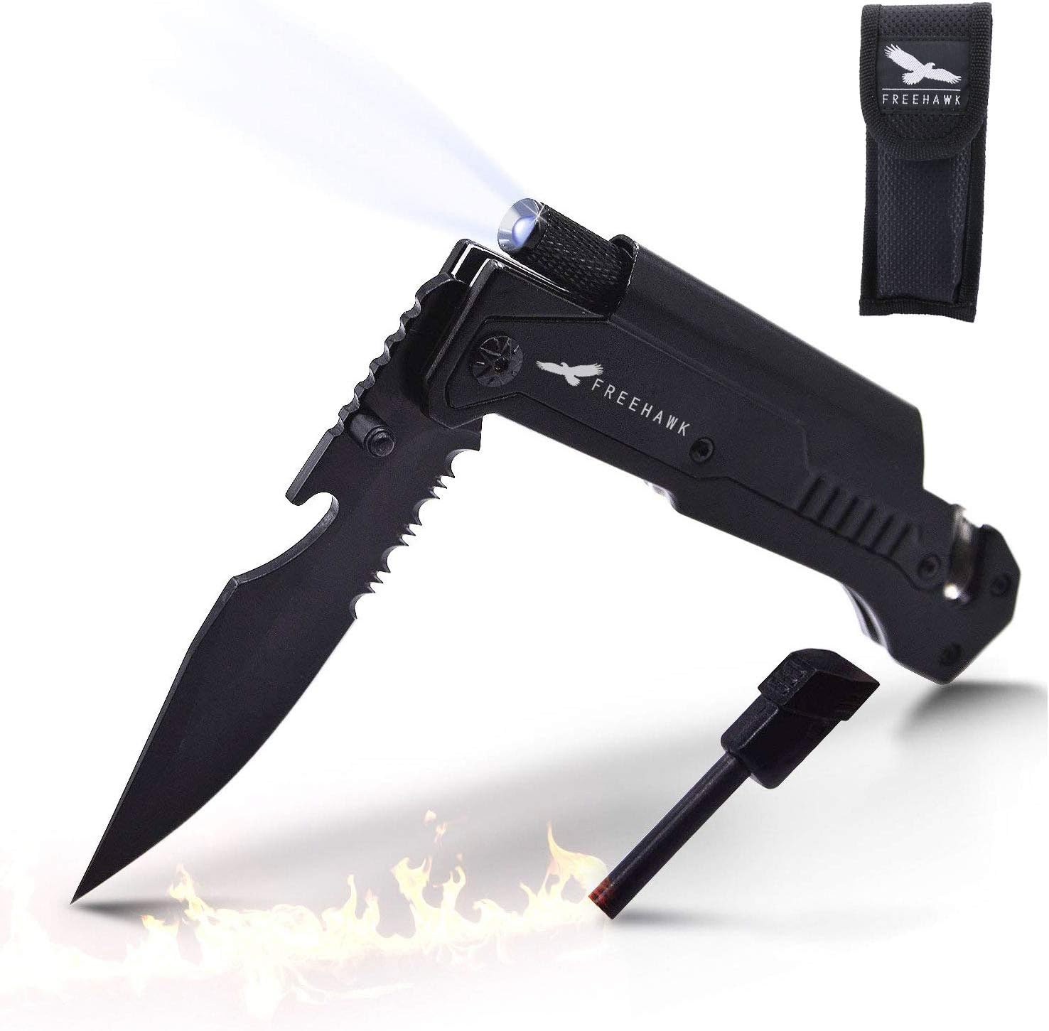 Freehawk Multifunctional Survival Tactical Knife Portable Outdoor Folding Knife with Led Light, Flintstone for Outdoor Adventure, Camping, Household