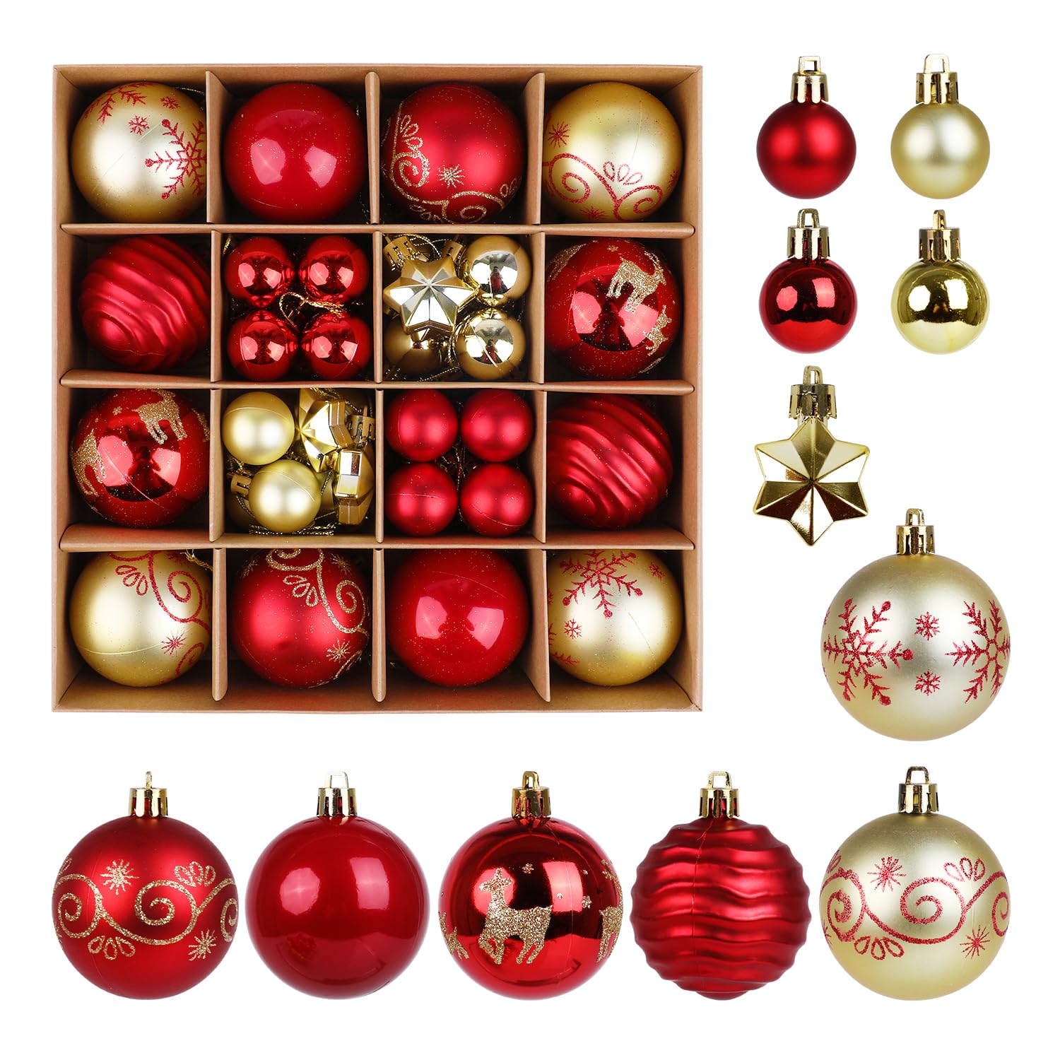 ZALAON 44 Pcs Christmas Ball Ornaments, 1.2/2.3 Inch Red Gold Christmas Baubles Christmas Tree Hanging Ball Set for Xmas Party Indoor Outdoor Decorations
