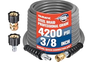 YAMATIC Non Marking 3/8" Pressure Washer Hose 100FT 4200 PSI, Kink Resistant Swivel 3/8" Quick Connect, Rubber Steel Braided Wear Resistant Industry Grade for Hot/Cold Water Gas Power Washer