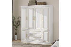 ModMakers 74" H 4 Doors 2Drawers White Bedroom Wardrobe Armoire Closet, Freestanding Bathroom Armoire Cabinet with Hanging Rod Shleves, Large Wooden Bedroom Clothes Storage Organizer