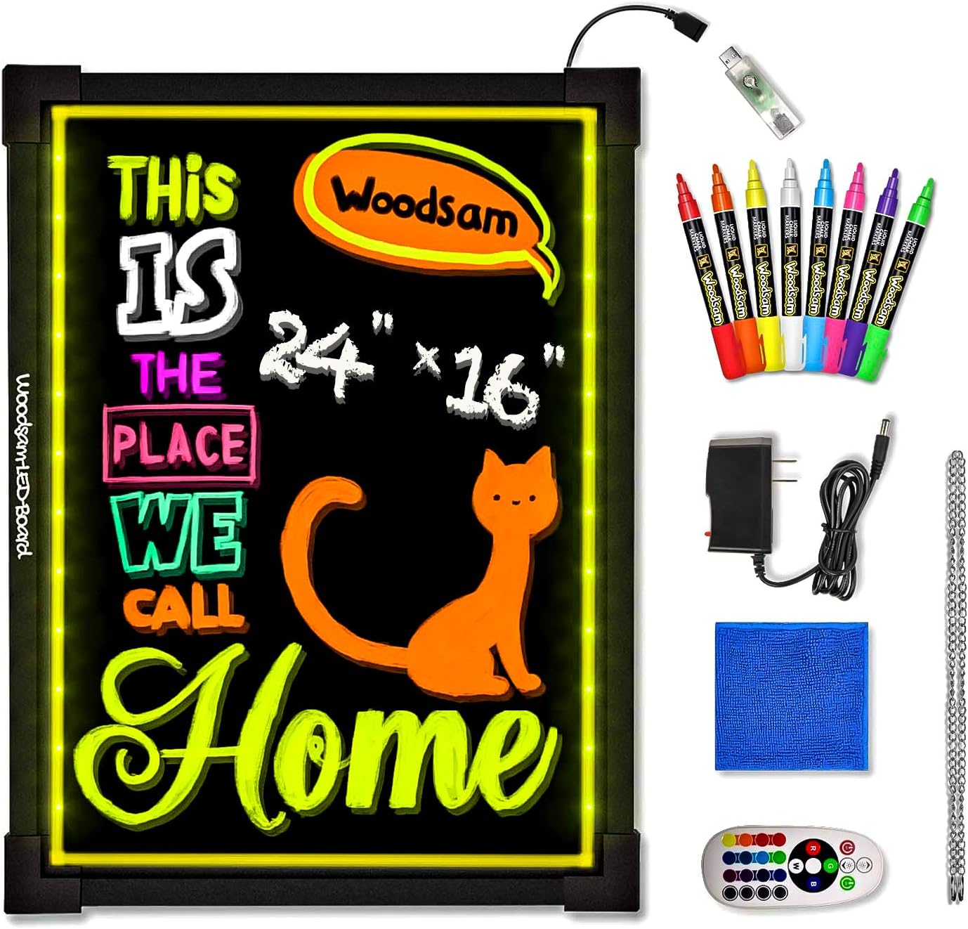 Woodsam 24" X 16" LED Message Writing Board, Flashing Illuminated with Remote Controlled, Multiple Colors&Sizes, Flash Modes