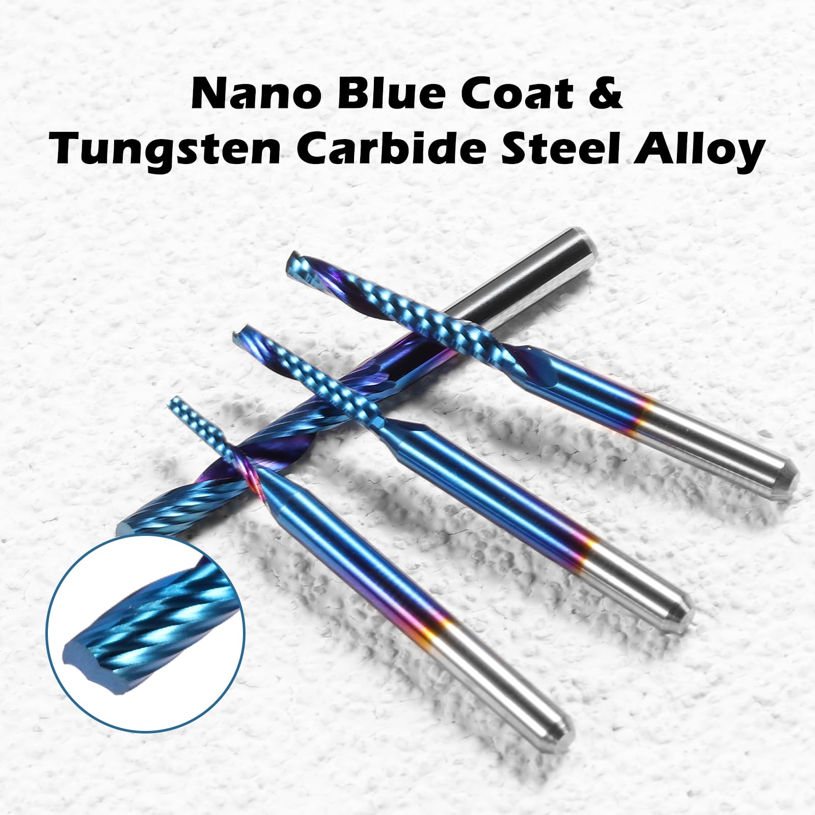 1/8 Inch Shank 10pcs Carbide Spiral O Flute (Single Flute) End Mill CNC Router Bits, Solid Nano Blue Coat, for Woodworking Cutting Carving Wood Acrylic PVC PCB MDF, OS10A