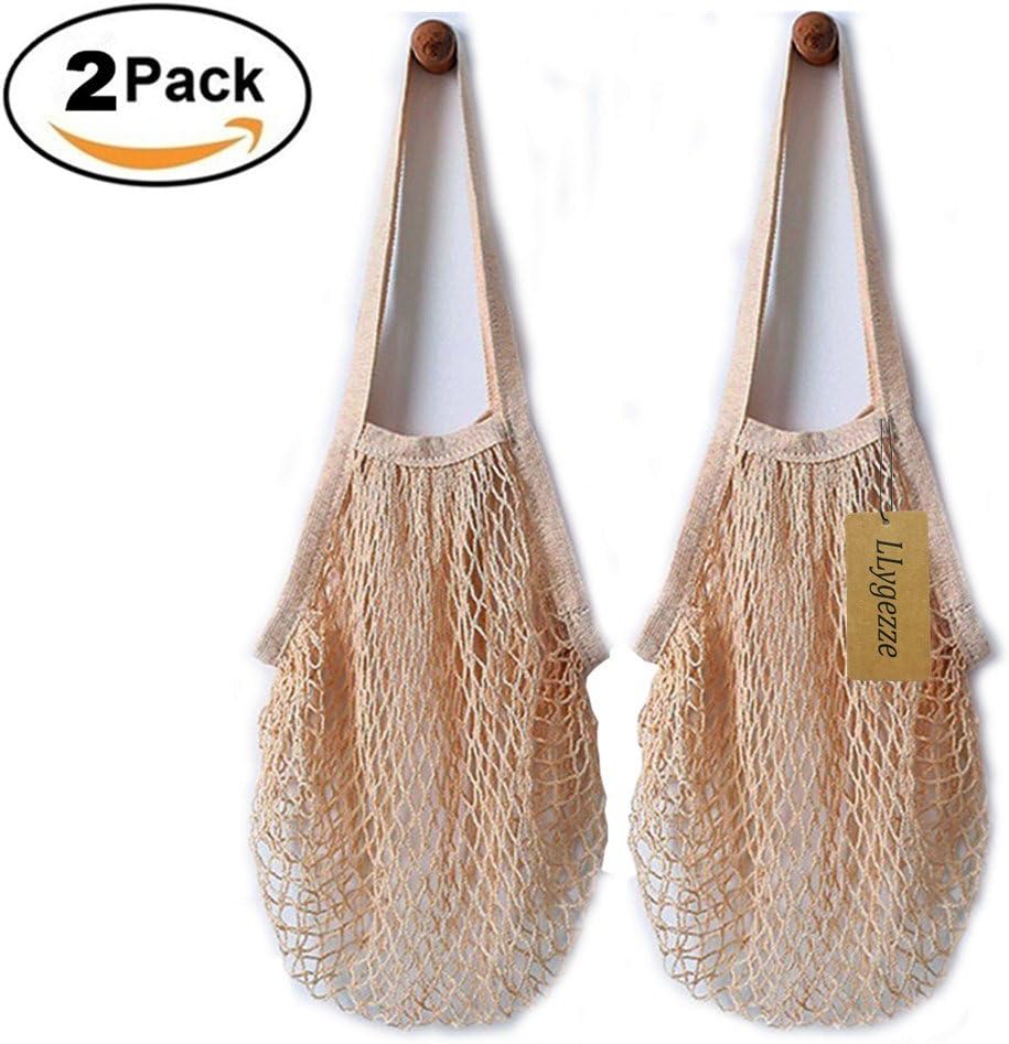 LLygezze Cotton Net Shopping String Bags Reusable Grocery Bags Large Size (Long Handle, Beige)