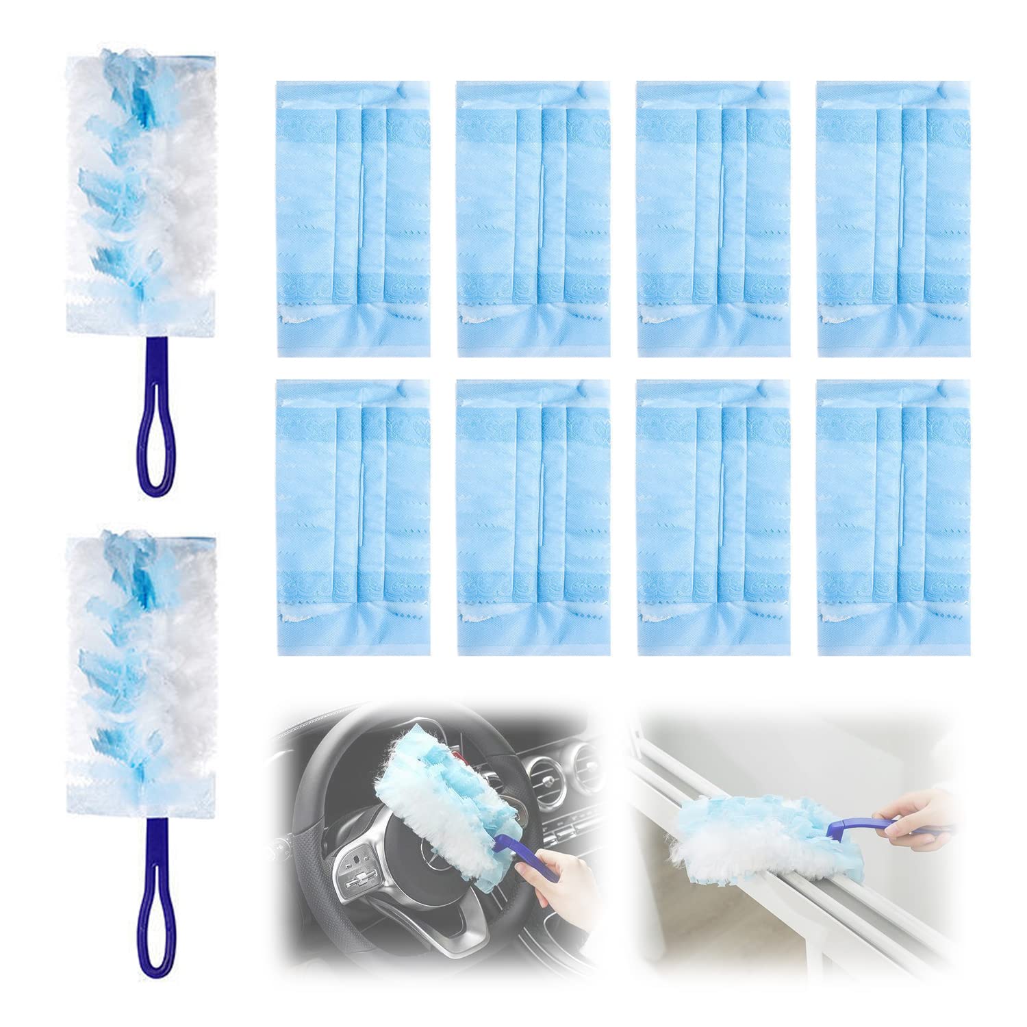 2pcs Dust Collection Handle and 10pcs Spare (Fiber cloth), Dust Absorbing and Washable, Rotating Dust Removal Broom, Microfiber Dust Removal Cloth