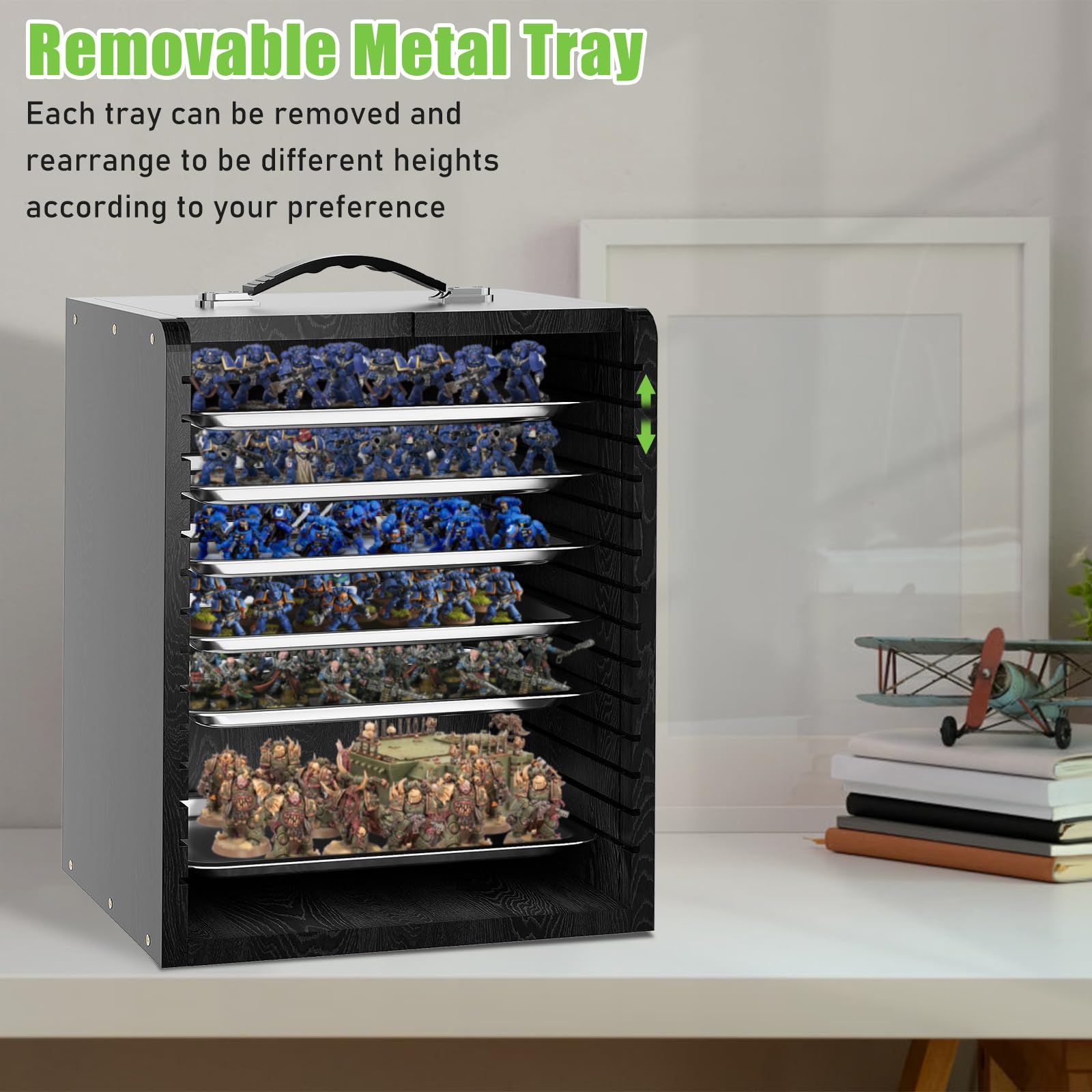WELIDAY Miniature Storage Case for Collectibles Miniatures, Wooden Display Cases with 6 Trays, Miniature Display Case Miniatures Transport Case (Black)