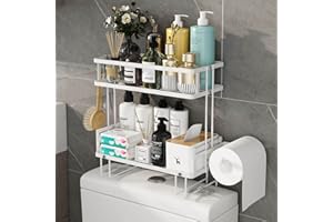 Godboat Bathroom Organizer - Over The Toilet Storage Cabinet, 2-Tier Bathroom Storage, Bathroom Shelves with 2 Hooks & Paper Rack, Bathroom Accessories & Decor, Gifts for Women, Mothers Day (White)
