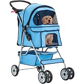 FDW | 4-Wheel Foldable Pet Stroller | Blue | Lightweight &amp; Portable | Travel Carrier with Mesh Windows, Cup Holder, Storage Basket, Safety Brakes and Waterproof Fabric | For Small Dogs and Cats