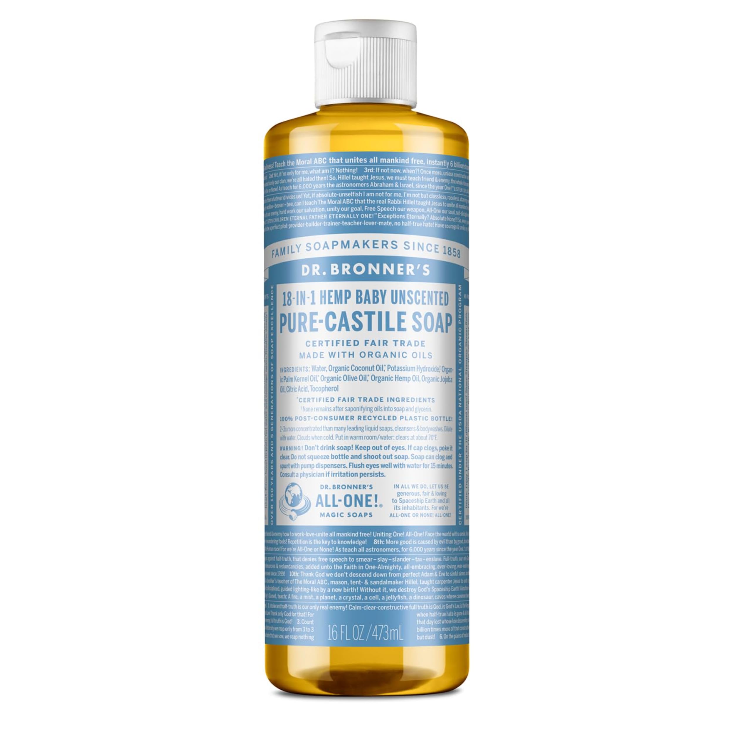 Dr Bronner's 18-in-1 Baby Unscented Pure Castile Liquid Soap, Made with Organic Oils, Used for Face, Hair, Babies & Kitchen. Certified Fair Trade & Vegan Friendly, 473ml Recyled Bottle