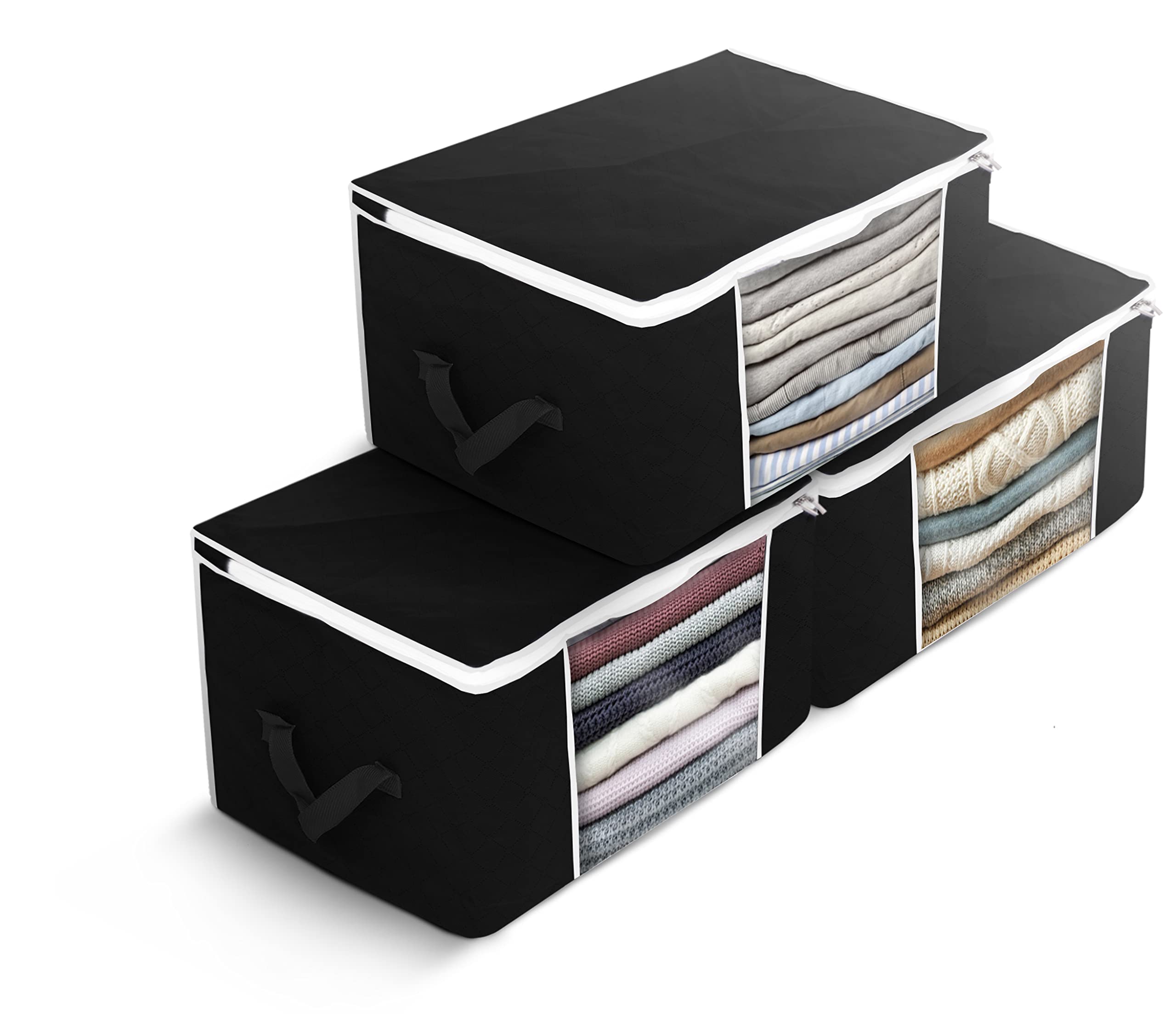 Delka 90L Storage Bags with Lids, Large Storage Boxes with lids, Storage Unit for Clothes, Duvets, Blankets, Toys, Pack of 3 Foldable Organizers with Reinforced Handles and Clear Window - Black