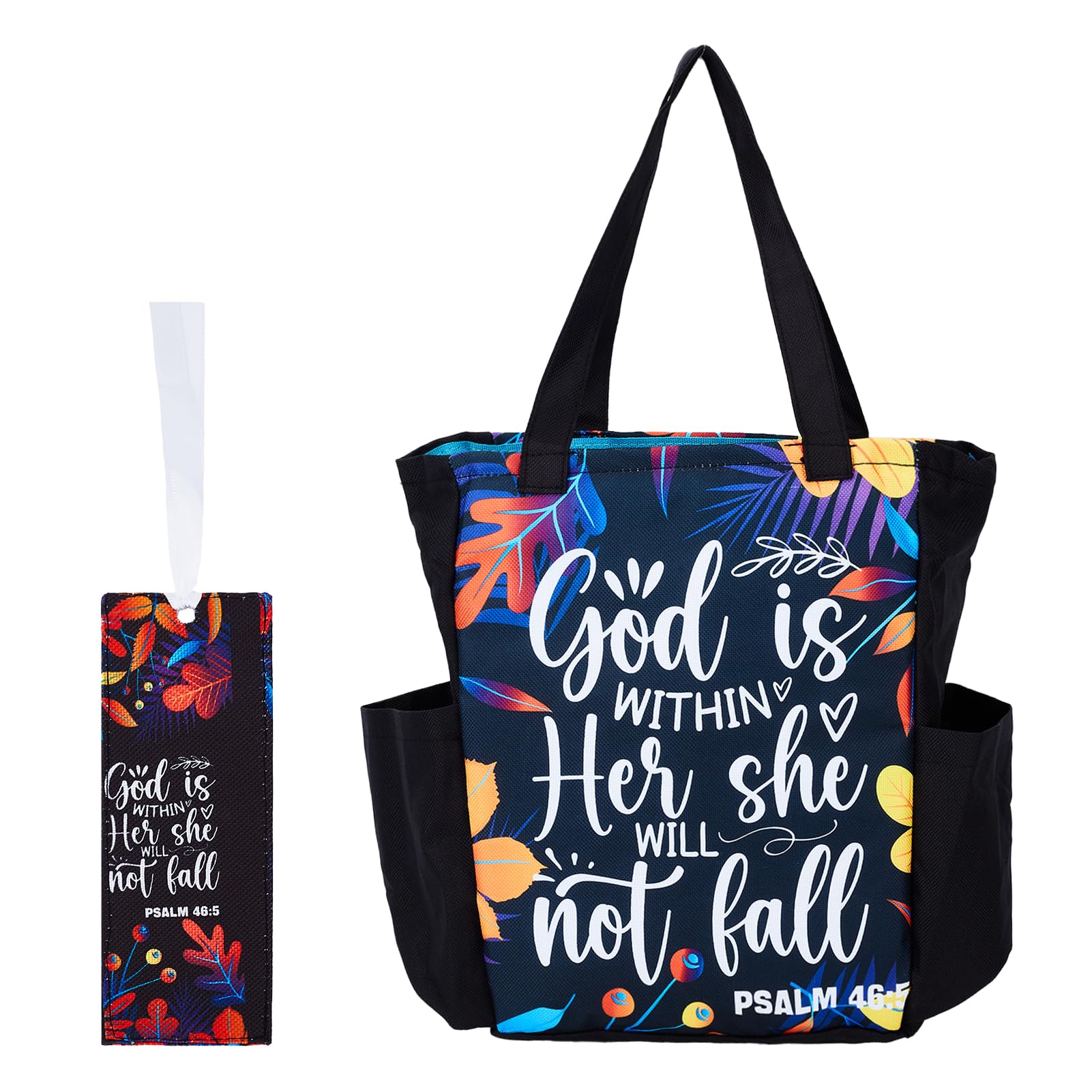 NICENEEDED Bible Cover Case with Water Bottle Pockets, Carrying Book Pouch Portable Book Pocket Handbag with Handle and Bookmark, Large Capacity Bible Carrier for Work, Travel, Shopping