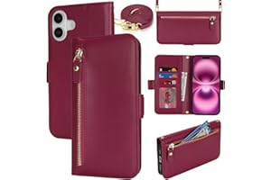 Lipvina for iPhone 16 Plus Wallet Case for Women,Zipper Pocket,PU Leather Phone Case Stand flip Cover Crossbody Lanyard Strap Zipper Credit Card Holder Slots for Apple 16 Plus,Wine Red