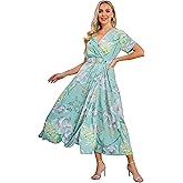 VintageClothing Womens Floral Summer Dresses Wrap V Neck Casual Boho Long Dress Flowy Maxi Beach Wedding Guest Dresses 2024