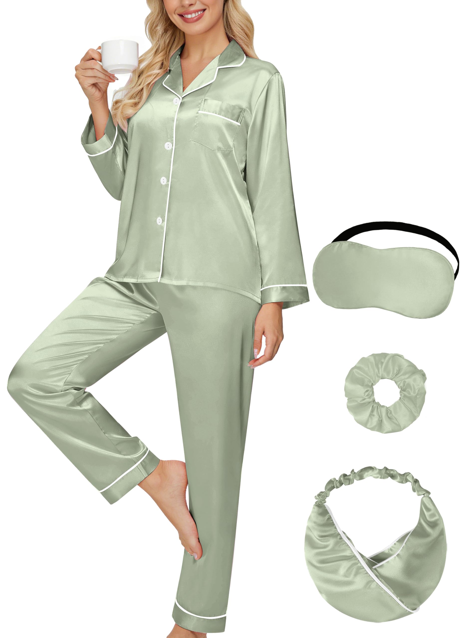 Photo 1 of *MINOR DAMAGE - USED*
DOLOS Satin Pajama Set for Women 2-Piece Silk Pajamas for Women Set Long Sleeve Button Down Pjs Sleepwear Loungewear (Sage Green Long, X-Large)