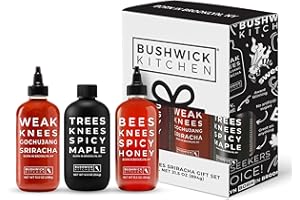 Bushwick Kitchen Spicy Sampler Gift Box, Set Includes our Gochujang Sriracha, Spicy Maple Syrup, and Spicy Honey Hot Sauces, 5 Recipes, Chile Pepper Dish Towel, and Bushwick Kitchen Gift Box