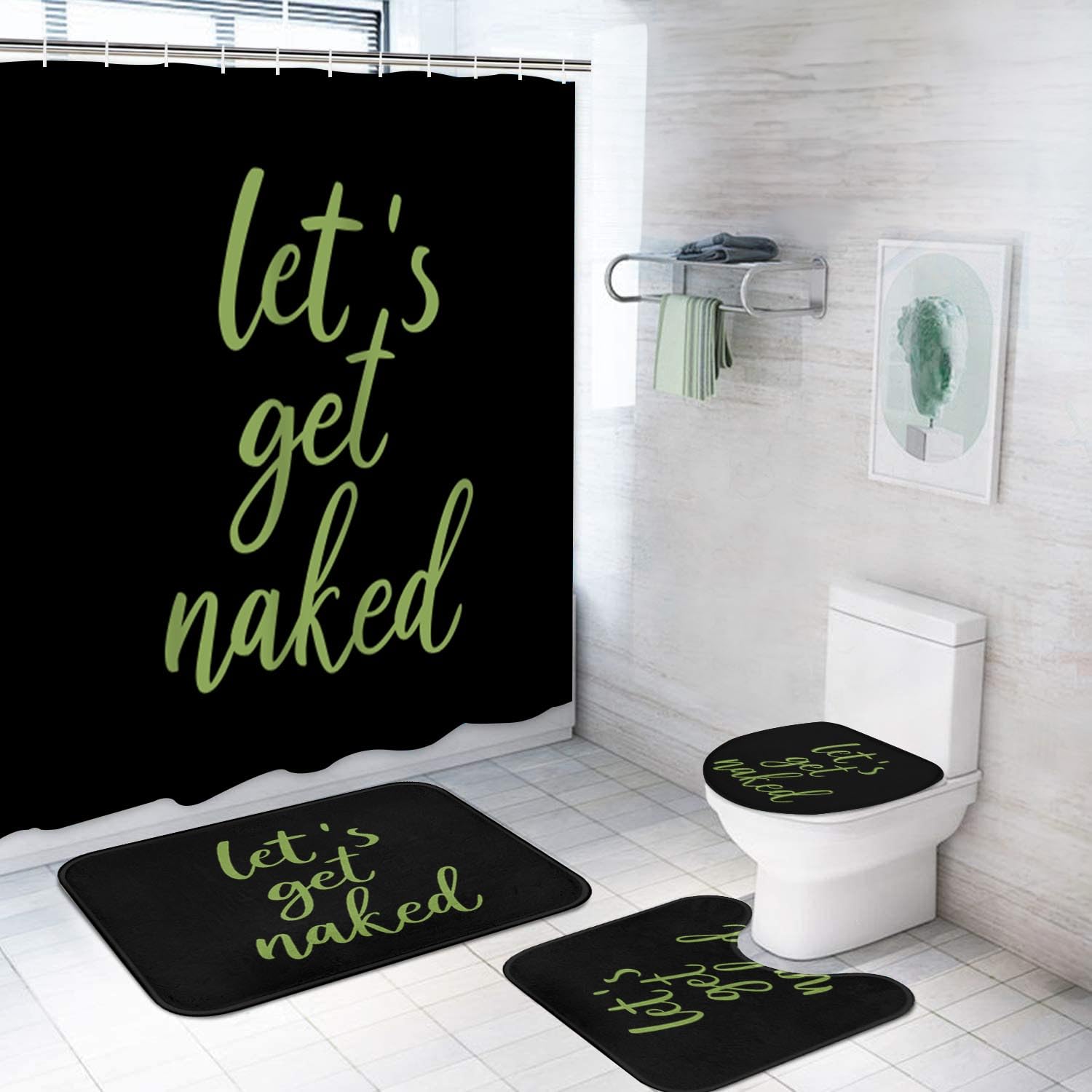 ArtSocket 4PC Green Let's Get Naked Shower Curtain Sets Black Bathroom Decor with Rugs, Non-Slip Rug,Toilet Lid Cover, Bath Mat and 12 Hooks 72x72 inches