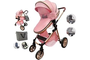 Kakbgee 2 in 1 Compact Baby Stroller Reversible Newborn Bassinet Pram, One-Button Fold Toddler Stroller with Lightweight Aluminum Frame, 3-Position Recline Adjustable Infant Pushchair Stroller, Pink