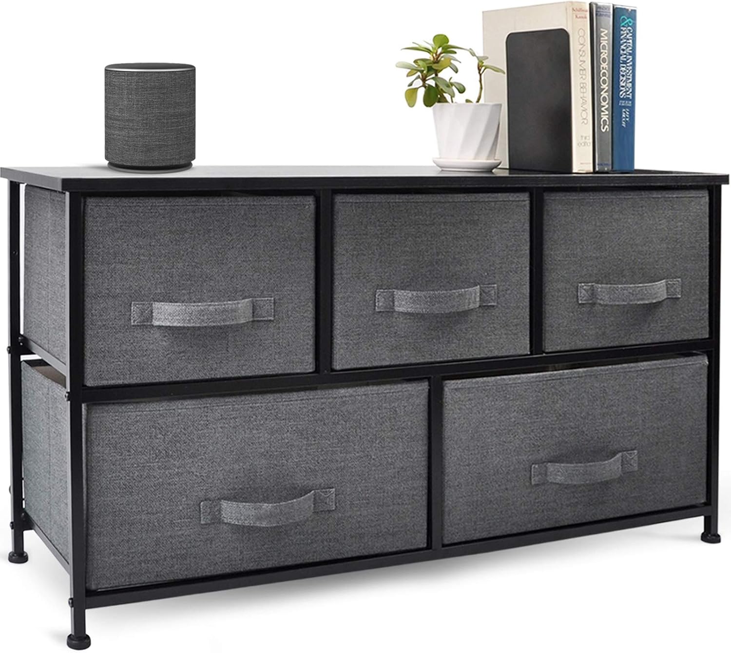 CERBIOR Wide Drawer Dresser Storage Organizer 5-Drawer Closet Shelves, Sturdy Steel Frame Wood Top with Easy Pull Fabric Bins for Clothing, Blankets - Charcoal: Home Improvement