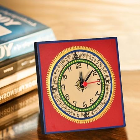 ExclusiveLane Warli Handpainted Living Room Decorative Wooden Study Table Clock (12.19 cm x 4.32 cm x 12.19 cm, Red)
