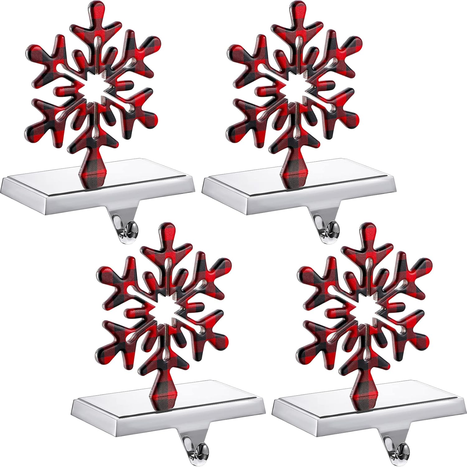Ornament Hooks - Zhengmy 4 Pack Christmas Stocking Holders Buffalo Plaid Hooks Snowflake Hanger Mantel Sturdy Metal Fireplace for Holiday New Year Party Home Decoration