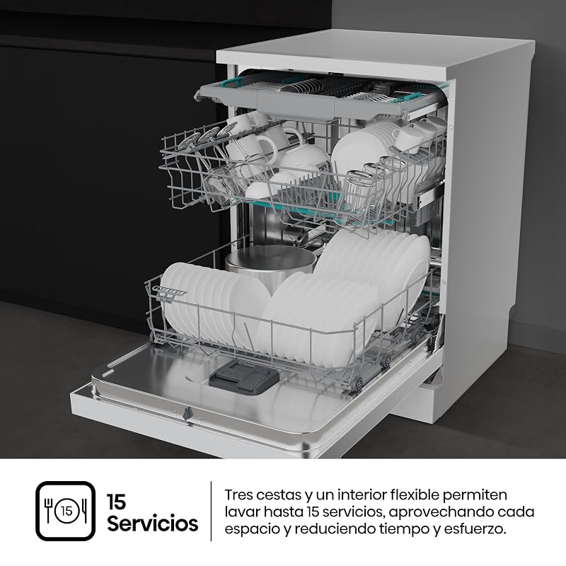 HS643B90W - Lavavajillas Clase B, 15 Servicios, Fondo 60cm, Secado Extra, Programa Automático, Tercera Bandeja, Programa Corto 1 hora, 15 Servicios, Aqua Protect System, Control Táctil, Blanco