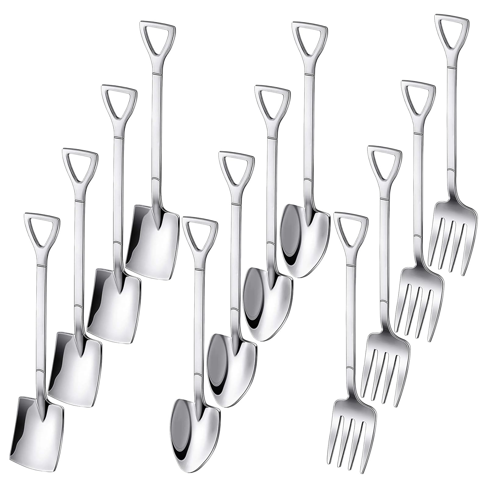 TPBSITNS 12PCS Shovel Spoon Fork Set, Stainless Steel Spade Shape Dessert Spoons Tableware, Creative Teaspoons Ice Cream Spoons Coffee Latte Spoon for Fruit Cake Family Party Restaurant