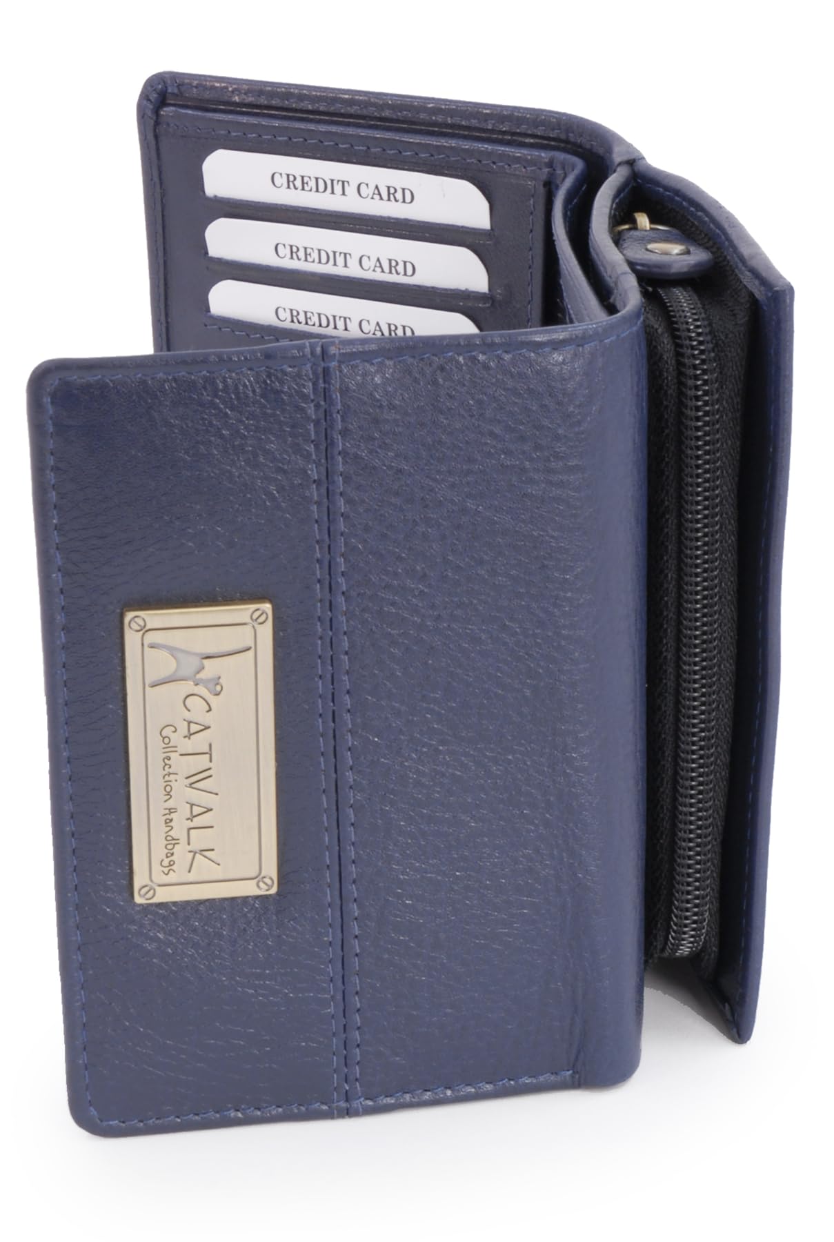 Catwalk Collection Handbags - Ladies Medium Leather Purse - Women's Trifold Wallet with 8 Card Slots & Zip Coin Pocket - RFID - Victoria - Blue