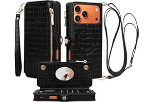 Stylivolve Crossbody Wallet Case for iPhone 17 Pro Max with Mirror, Wrist Strap, Zipper Purse Magnetic Flip, RFID Blocking Card Holder, Wireless Charging, PU Leather Shockproof 6.9" Women (Black)