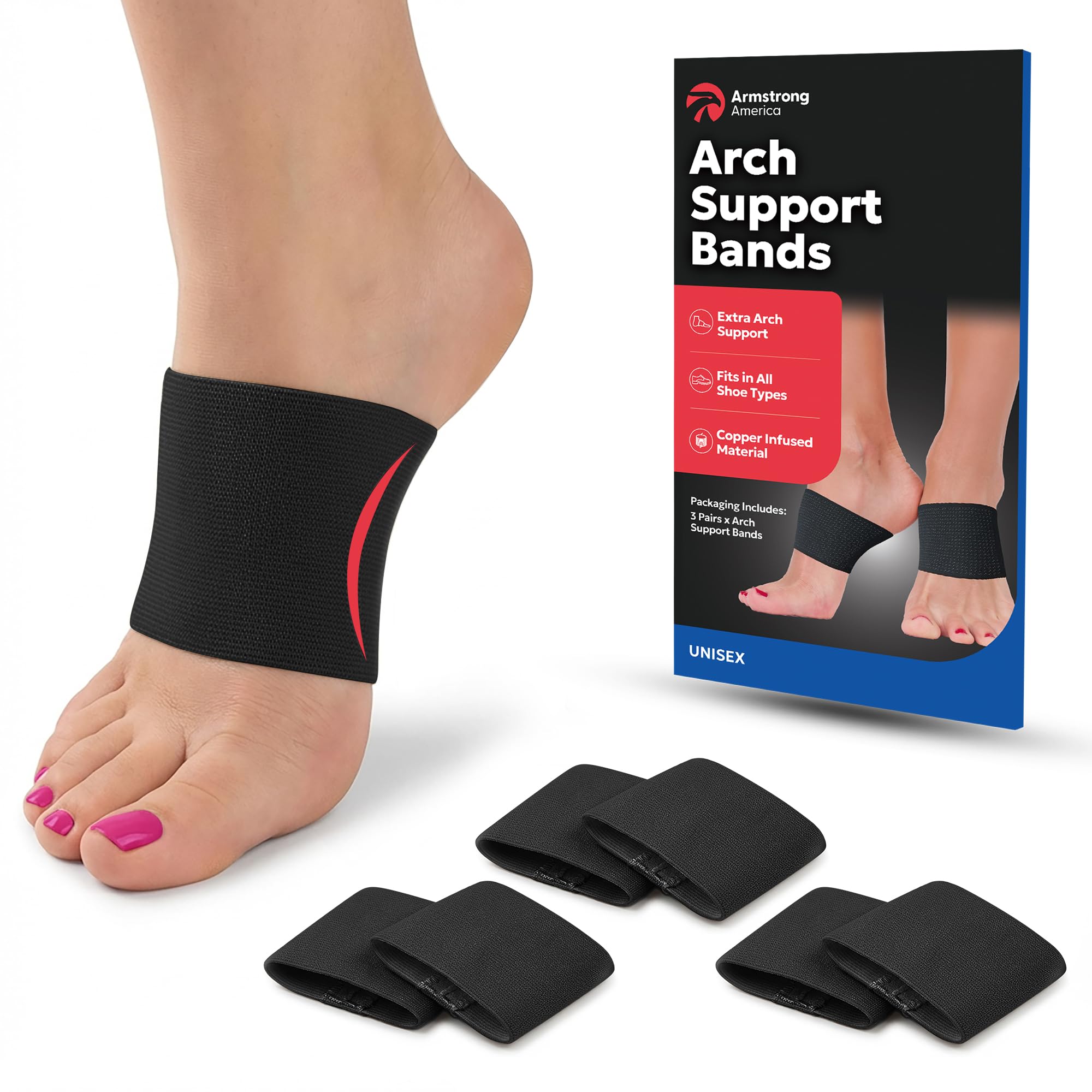 ARMSTRONG AMERICA Plantar Fasciitis Brace Arch Supports – Effective Foot and Heel Pain Relief Sleeves Helps Sore Heels Spurs, Flat Feet and High Arches Comfortable Copper Infused Fascia Bands Black