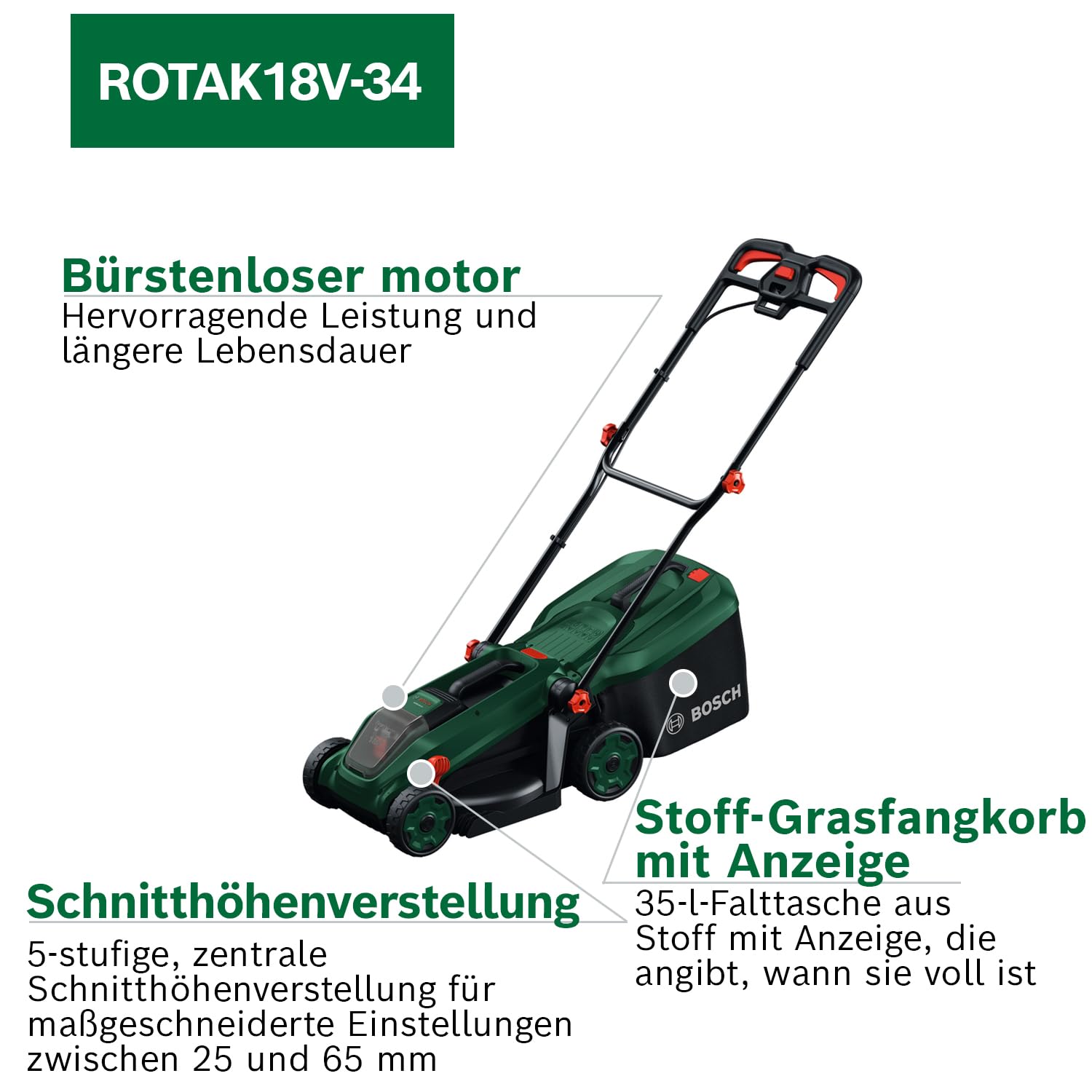 Bosch Akku-Rasenmäher ROTAK18V-34 (Schnittbreite: 34 cm, Schnitthöhe: 25-65 mm, 35 l Stoff-Grasfangkorb, Mulchstopfen, inkl. Akku und Ladegerät) 3