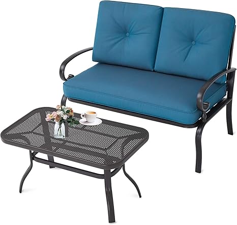 incbruce juego de mesa de cafe con cojin 2 piezas y mesa de cafe para jardin con marco de acero textil azul peacock blue