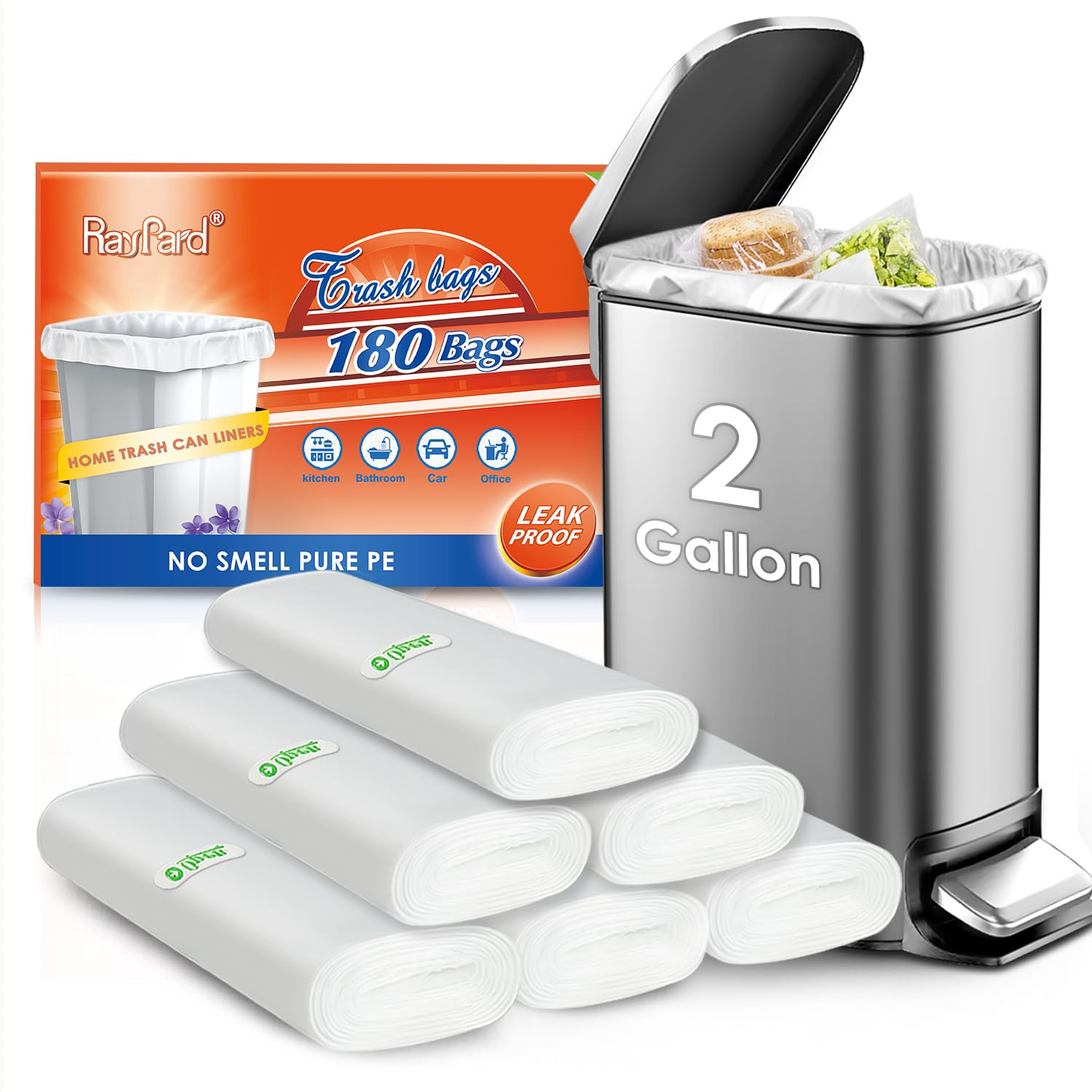 Photo 1 of 180 Counts 2 Gallon (1.8-2 Gal) Small Trash Bags Garbage Bags by RayPard, fit 1.6,1.8,2,2.2 Gal Waste Basket, 6.5-7 Liter Strong Trash Can Liners for Home Office Kitchen Bathroom Bedroom, Clear