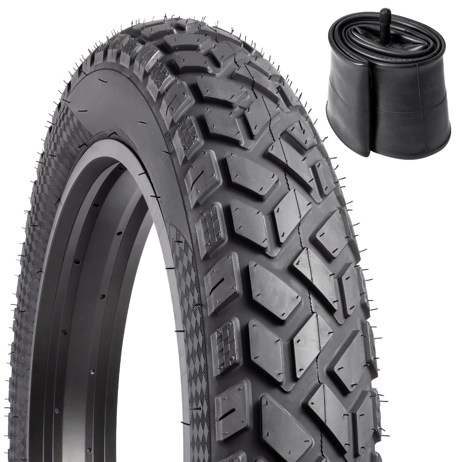 Photo 1 of YUNSCM 1 PC 20" Heavy Duty Fat E-Bike Tire 20x4.0/102-406 and 1 PC 20"x4" Heavy Duty Fat Bike Tube Schrader Valve Compatible with 20 x 4.0 All-Terrain Directional Tread Bicycle Tire and Tube (Y-1278)