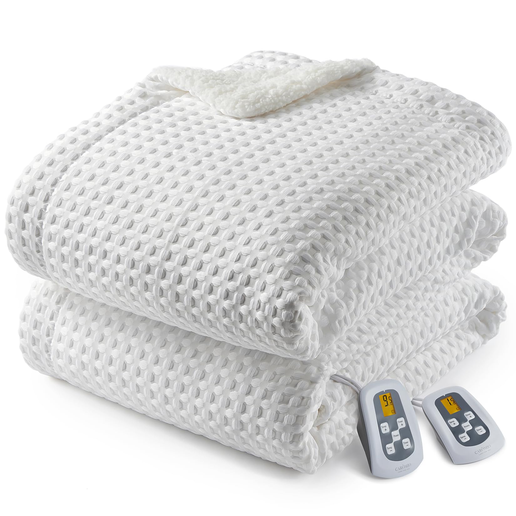Photo 1 of CAROMIO Heated Blanket King Size with LCD Dual Controller, Waffle Weave Fast Heating Electric Blankets, 10 Heat Levels & 1-12H Time Settings, ETL Certified, Machine Washable, Off White, 100" x 90"