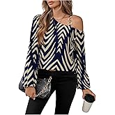 SOLY HUX Women's Printed Blouse Cold Shoulder Lantern Long Sleeve Asymmetrical Neck Shirts Tops