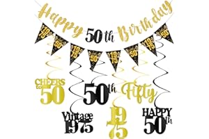 KIRCIRX 50th Birthday Decorations for Men Women, Black Gold Happy 50th Birthday Banner Hanging Swirls Vintage 1975 Decorations Kit Cheers to 50 Party Supplies