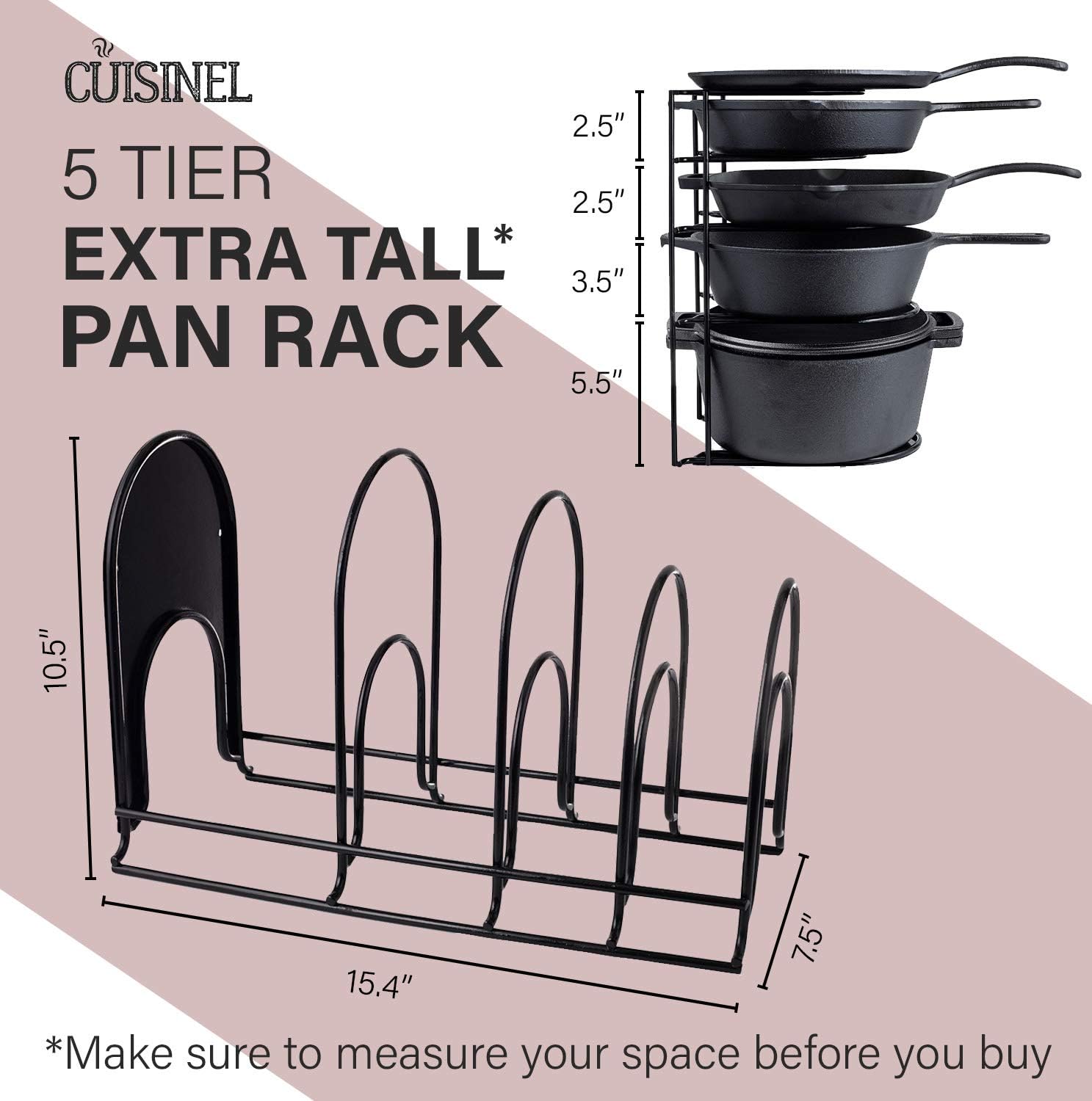 Heavy Duty Pan Organizer, Extra Large 5 Tier Rack - Holds Cast Iron Skillets, Dutch Oven, Griddles - Durable Steel Construction - Space Saving Kitchen Storage - No Assembly Required - Black 15.4-inch: Kitchen & Dining