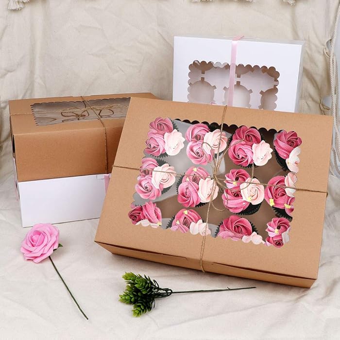 OurWarm 24 Pcs Christmas Cookie Boxes Kraft Christmas Holiday Baking Box with Inserts and Ribbons for Cupcakes, Candy, Holiday Bakery Treat and Party Favor 14 x 10 x4 Inches