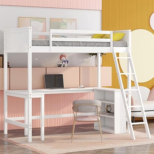 MERITLINE Twin Loft Bed with Desk and Shelves, Wooden Loft Bed