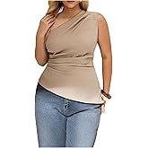 OYOANGLE Women's Plus Size One Shoulder Sleeveless Blouse Asymmetrical Hem Ruched Dressy Tops