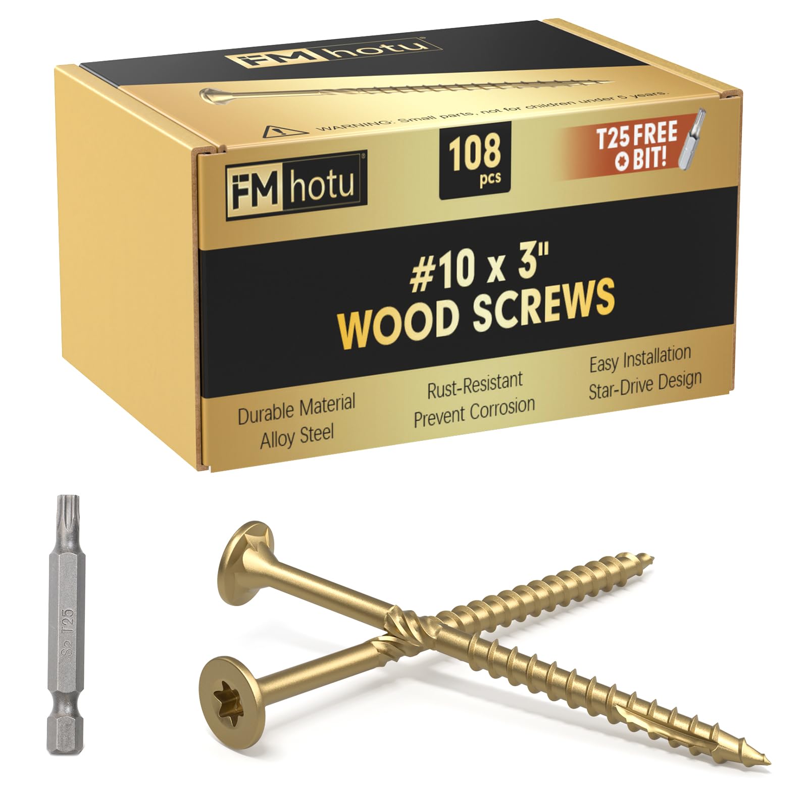 Photo 1 of #10 x3 Deck Screws, 108Pcs Star Drive Wood Screws, Rust Resistant Timber Screws for Timber/Log/Landscaping Wood, T25 Star Bit Included, Gold