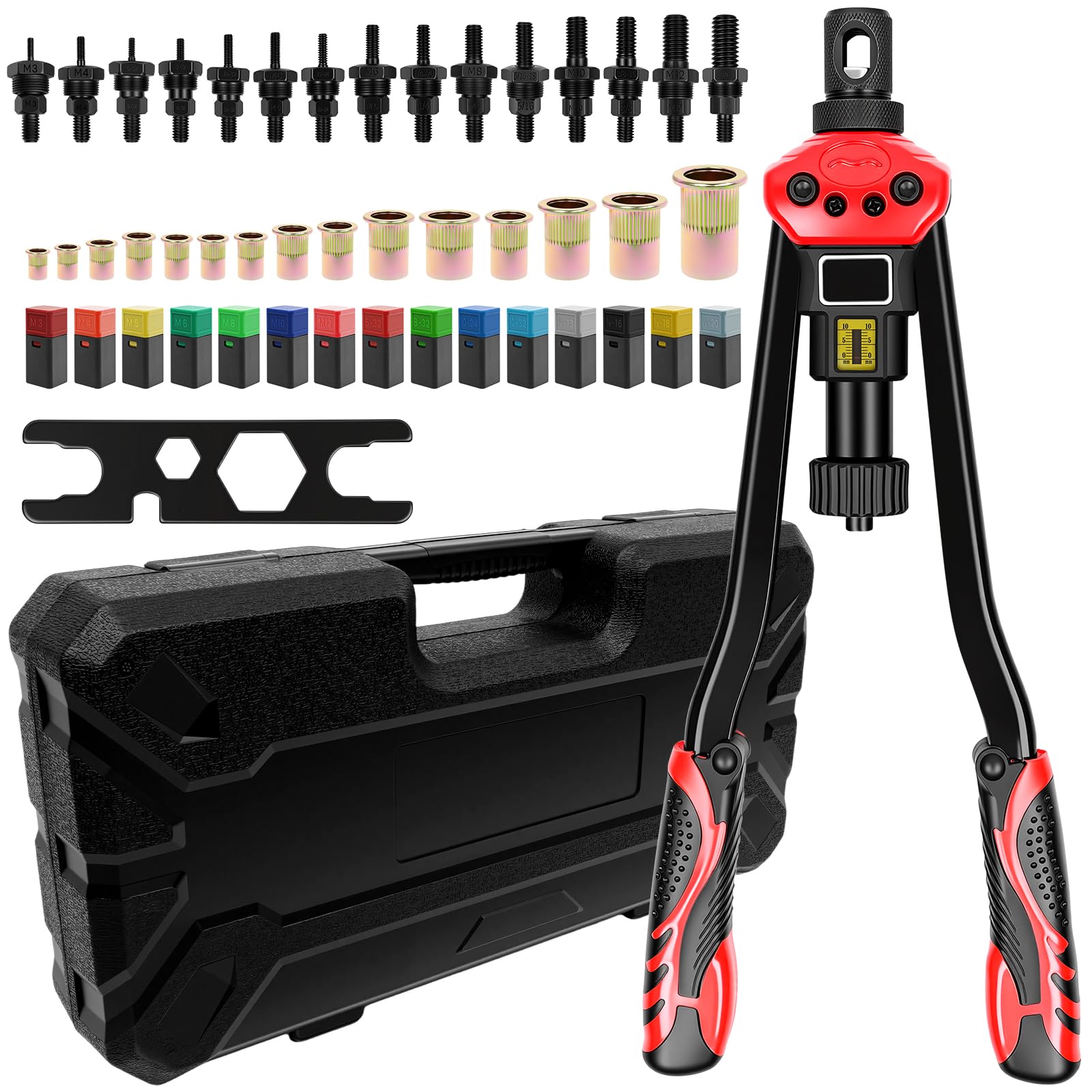 Photo 1 of 16-Inch Professional Rivet Nut Kit,Heavy Duty Rivnut/Nutsert Tool with Quick-Change Mandrels,Lever Rivet Nut Gun with Stroke Indicator,Threaded Insert Tool w/15 Mandrels & 170 Nutserts,Carrying Case